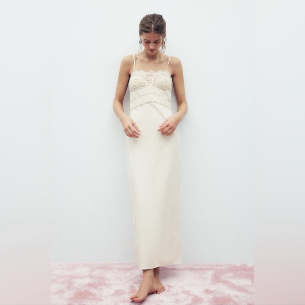 NEW with tags Zara lace pink bow midi dress size medium.